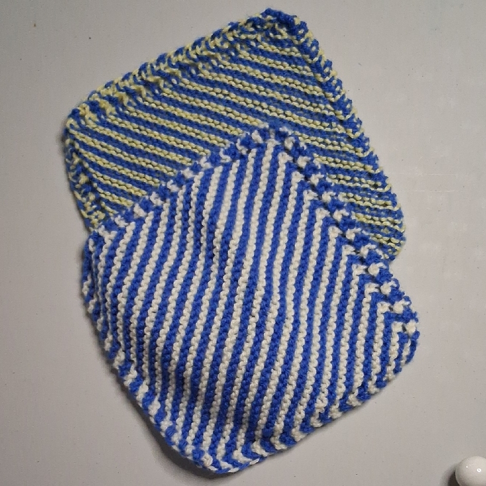 Knitted Wash Clothes. Blue,white,yellow Striped . Set Of 2